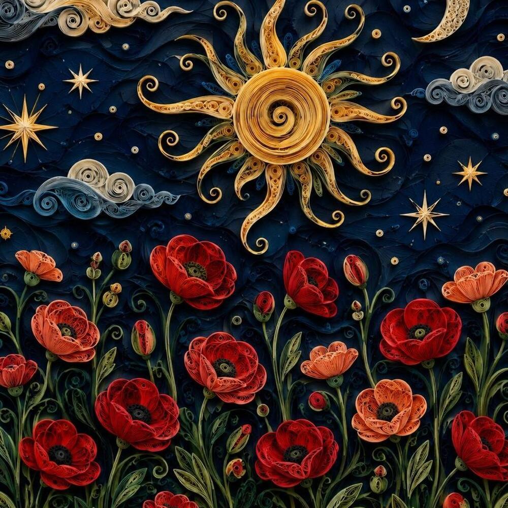 8x10 Framed Quilled Sun, Moon & Poppy Art Print